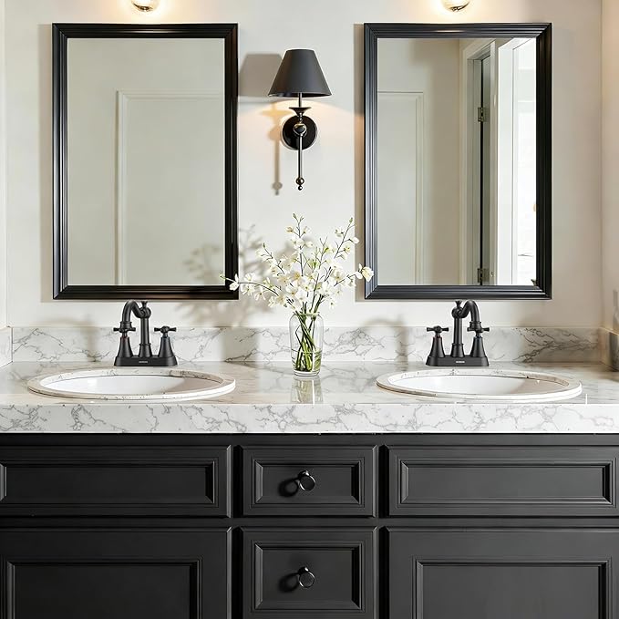 4-inch Centerset Matte Black Classical Bathroom Faucet, 2 Handles for 2 or 3 Hole Sink with 360° Swivel Spout, Pop Up Drain Assembly and Supply Hose for Vanity Sink Lavatory Faucet