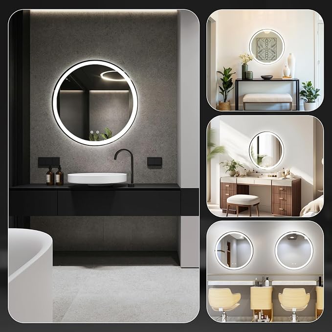 NEWBULIG 30'' Round LED Bathroom Mirror with Lights, Circle Vanity Mirror | Anti-Fog, Dimmable, 3-Color Light, Front Light and Backlit, Memory Function, Tempered Glass