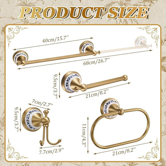 4 Pcs Antique Brass Gold & Porcelain Bathroom Accessories Set, Wall-Mounted Towel Rack & Towel Ring & Toilet Paper Holder & Robe Hook, Vintage Chinese Style Brass Bath Hardware Fixture Set