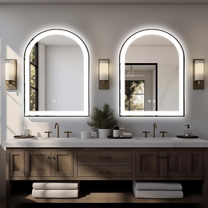 Arched LED Bathroom Mirror, 40"x30" Arch Backlit Vanity Mirror with Lights, Frontlit, Dimmable, 3 Colors, Memory Function, Anti-Fog Smart Mirror, Black Frame, Shatterproof, UL Listed