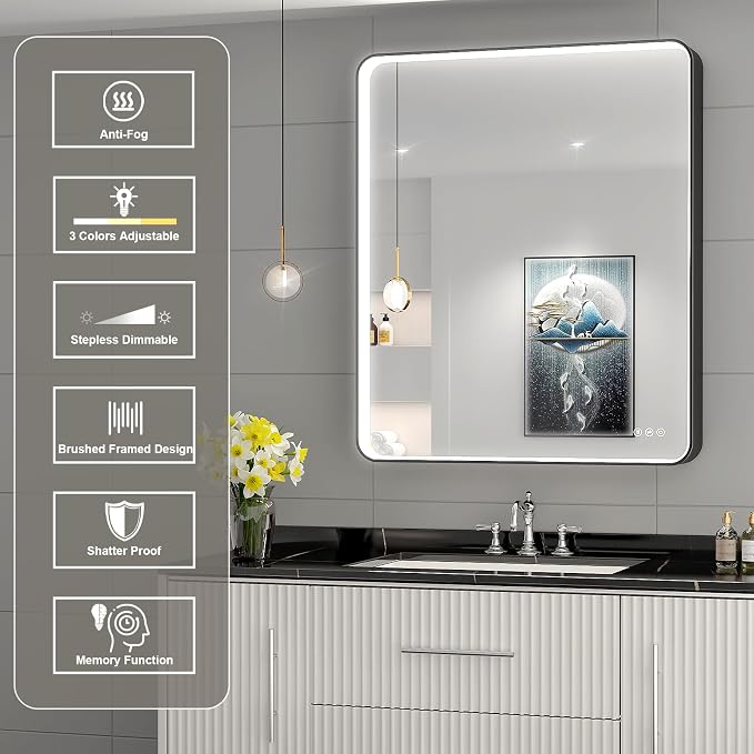 LED Mirror for Bathroom 28X36 Inch Black Framed with Anti-Fog, Stepless Dimmable, Front Lit, LED Bathroom Vanity Mirror for Wall, Memory Function, Shatter-Proof