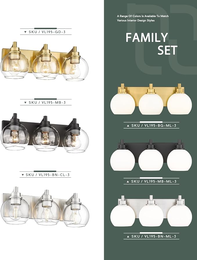 3-Light Brushed Nickel Bathroom Vanity Light, Milk Glass Globe Shade | 18" modern bathroom light fixtures over mirror, E26 base, bulbs not included, VL195-BN-ML-3