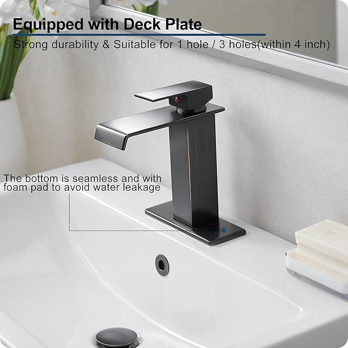 Oil Rubbed Bronze Bathroom Faucet Waterfall Faucet, Brass Single Handle Bathroom Sink Faucet 1 Hole or 3 Holes, 4 Inch Bathroom Faucets with Deck Plate & Pop-Up Drain for Farmhouse Quick Install