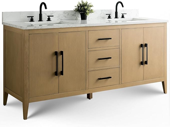 Vanity Art 72 inch Bathroom Vanity with Double Sink & Ceramic Top, Vanity Cabinet with Soft-Closing Doors, Drawers, Solid Wood Frame, Natural Oak, Brushed Nickle Handware