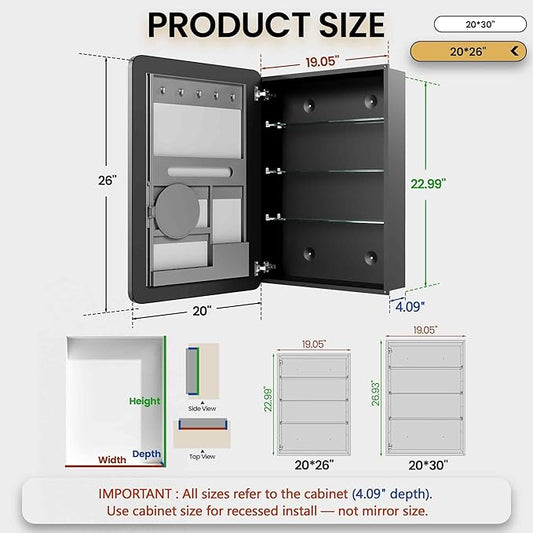 Medicine Cabinet with Mirror, 20x26 Inch Aluminum Bathroom Cabinet with Adjustable Glass Shelves, Built-in Makeup Storage, Recessed or Surface Mount, Soft Close Hinges, Matte Black
