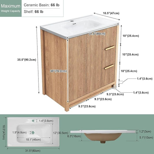 32 Inch Bathroom Vanity with Ceramic Sink, Small Bathroom Sink Cabinet with Fluted Doors and 2 Drawers, Single Sink Bath vanities Combo, Light Oak (19" D x 32" W x 36" H)