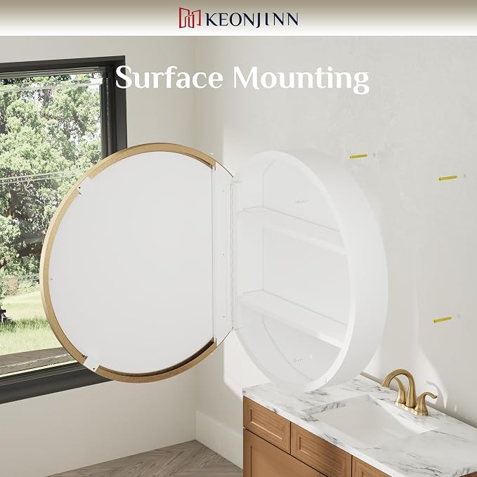 Keonjinn 20x20 in Round Medicine Cabinet Mirror for Bathroom, Wall Mounted | Gold Medicine Cabinet Mirror, Shatter-proof, Rust Resistant, Adjustable Shelves, Smooth Piano Hinge, Magnetic Door Bumpers