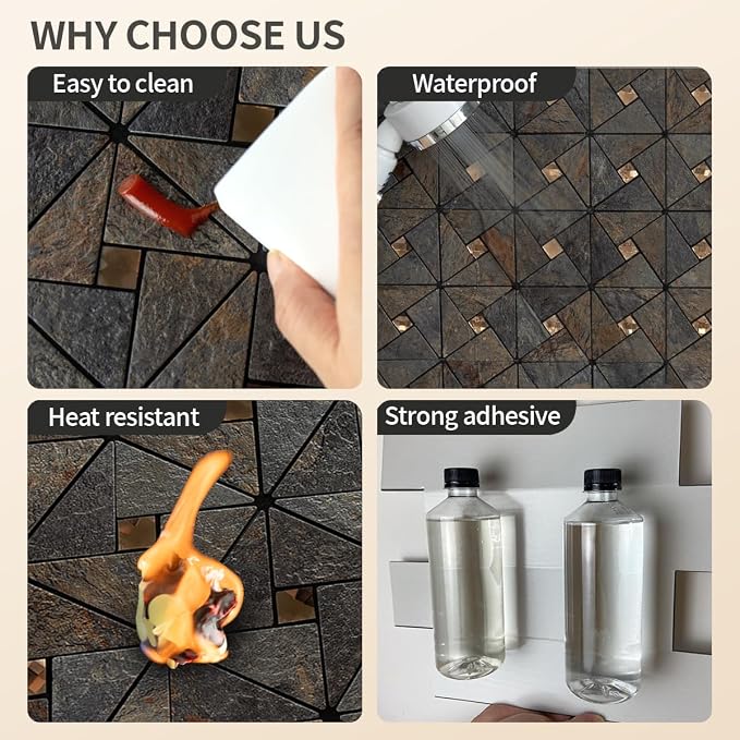 DICOFUN 10-Sheet Rustic Slate Look Peel and Stick Backsplash Tile, Mixed Glass Self-Adhesive Mosaic Tiles, Stainless Steel Stick on Wall Tiles for Kitchen and Bathroom Backspalsh, Mirror Decor
