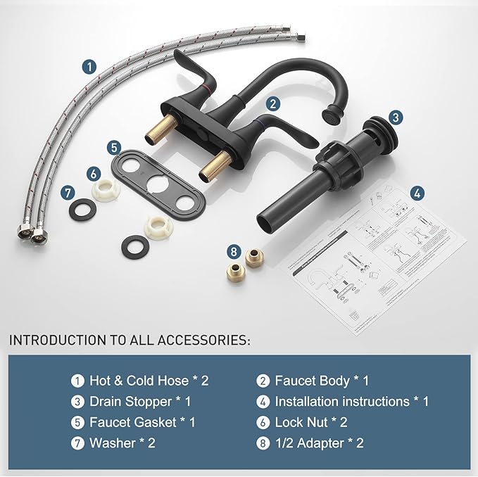 Bathroom Faucets for Sink 3 Hole, 4 inch Matte Black with Pop-up Drain and 2 Supply Hoses 2 Handle Centerset Faucet for Sink Vanity