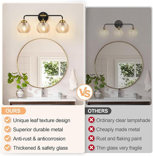 Bathroom Light Fixtures, 3-Light Amber Vanity Lights with Unique Leaf Texture Glass Shade, Modern Matte Black and Gold Bathroom Wall Lamp for Mirror Hallway Cabinet Living Room