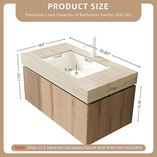 36” Floating Bathroom Vanity with Sink, Wall-Mounted Cabinet with Drawer & Doors, Roma Travertine-Pattern Countertop, Undermount Basin, Single Faucet Hole, Soft-Close, Pre-Assembled, Light Oak