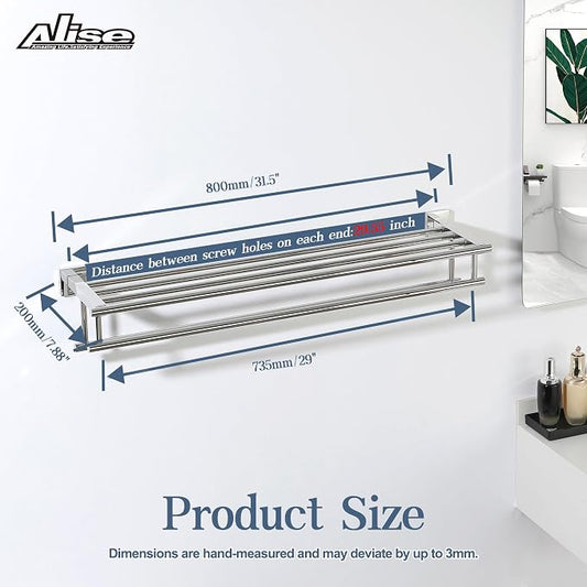 Alise 32 Inch Double Towel Rack for Bathroom Wall Mounted,Polished Chrome | SUS304 Stainless Steel Towel Rack with Shelf,Bathroom Tower Holder Towel Shelf with Double Towel Bars for Bath Kitchen