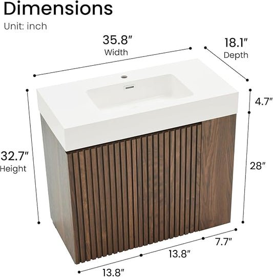 36" Bathroom Vanity with Sink Combo, Mid Century Modern Bathroom Cabinet with Doors & Open Shelf, Glossy White Integrated Sink with Overflow, Brown Walnut