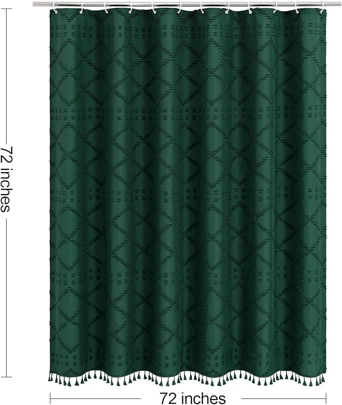 Dark Green Boho Fabric Shower Curtain with Tassel 72x72, Tufted Textured | Modern Farmhouse Curtain for Bathroom, Standard Bathroom Curtain, Minimalist Decor, Waterproof