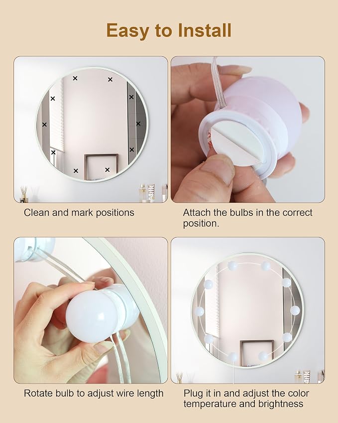 10 Bulbs LED Vanity Lights for Mirror, 3000K 4000K 6500K & 10-Brightness, Wire Length Adjustable, USB Cable, Hollywood Mirror Lights for Makeup Dressing Room Bathroom, White