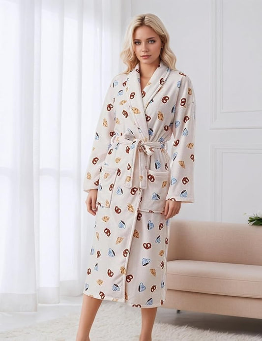 Women Fleece Fruit Print Robe Cute Robes for Women Spring Summer Lightweight Bathrobe Soft Flannel Gown with Belt