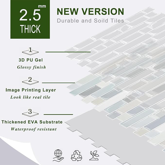 STICKGOO Thicker Peel and Stick Backsplash Tile for Kitchen and Bathroom | 10 Sheets of 12”×12” - 3D Vinyl Self Adhesive Wall Tiles Stick on Backsplash for Kitchen & Bathroom(Multicolor)