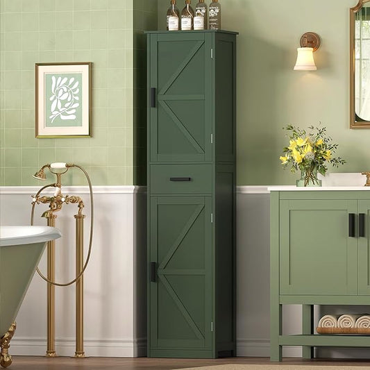 TEENFON Tall Bathroom Cabinet, Storage Cabinet with 6 Shelves & Drawer, Bathroom Storage Cabinet with Adjustable Shelves, Tall Cabinet for Living Room, Home Office, Green
