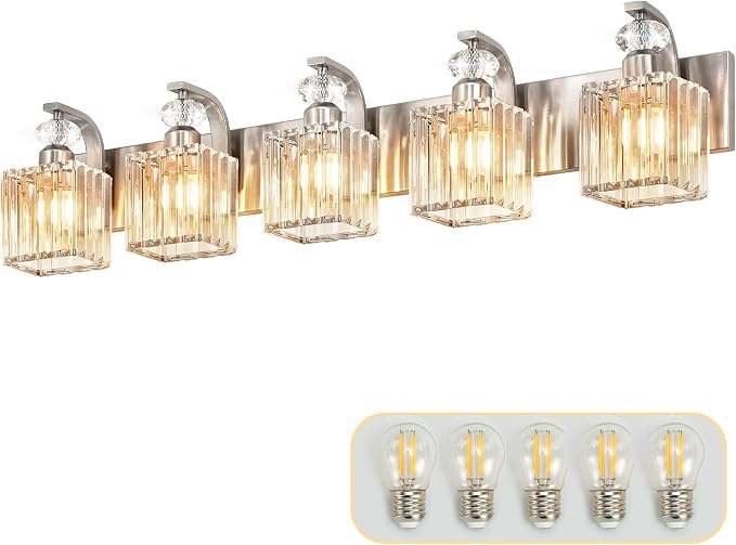 5-Light Bathroom Vanity Light Fixtures Over Mirror, Crystal Sconce | 36.3-inch Nickel Modern Wall Light for Bedroom Vanity Living Room Hallway, Ceramic E26 Lamp sockets, Includes 5 LED Bulbs