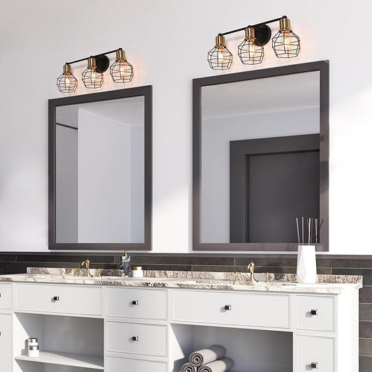 LALUZ Modern Farmhouse Mid-Century 3-Light Black and Gold Bathroom Vanity Light with Industrial Metal Cage