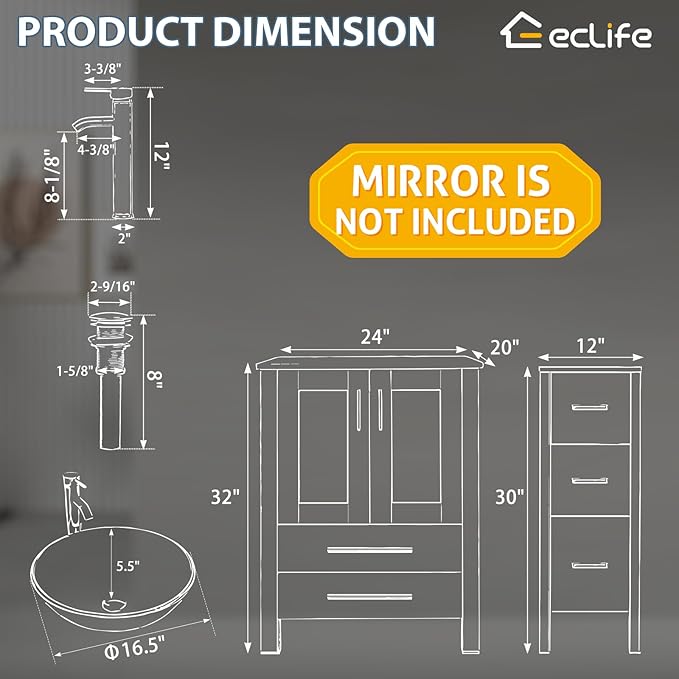 eclife 84" Modern Bathroom Vanity Sink Combo Freestanding Cabinet with Small Side Cabinet, Clear Round Glass Vessel Sink, Water Save Faucet, Drain (White+A16)