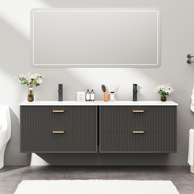 Vabches 24 Inch Bathroom Vanity with Sink, Wood Grain Wall Mounted Vanity with 2 Storage Darwers, Floating Bathroom Vanity with Storage, Bathroom Floating Vanity with Sink, Faucet, Drain, Black