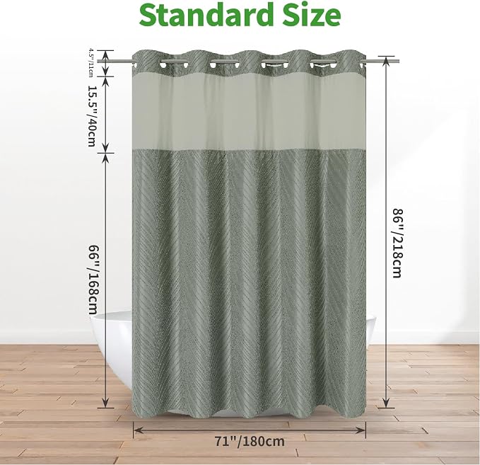 eachope no Hook Shower Curtain and Liner Set,Boho Style with See Through Top Window, SageGreen Fabric Tufted Striped Textured Outer Curtain & Waterproof Inner Liner, SageGreen, 71Wx86H