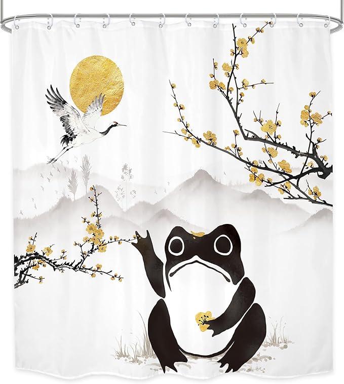 LGhtyro Funny Frog Shower Curtain Bathroom Set 71Wx71H Inches Asian Style Traditional Landscape Scenery Japanese Golden Plum Blossom Sun Bath Accessories Mountain Art Home Decor Fabric 12 Pack Hooks