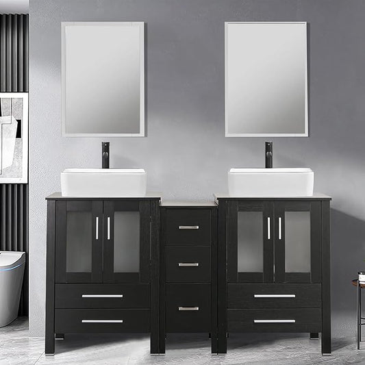 UEV 60" Double Sink Bathroom Vanity,Black Bathroom Vanity with Double Side Vanity Cabinets & Removable 3 Drawer Storage Cabinet with Modern Vessel Sink Combo,Mirror Not Included(031WH)