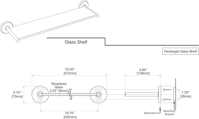 Gatco 5057 Designer II Bathroom Glass Shelf, Floating Rectangle Tempered Glass, Brushed Brass, Wall Mounted Shower Storage Shelf, 22.5 x 5.85 Inch