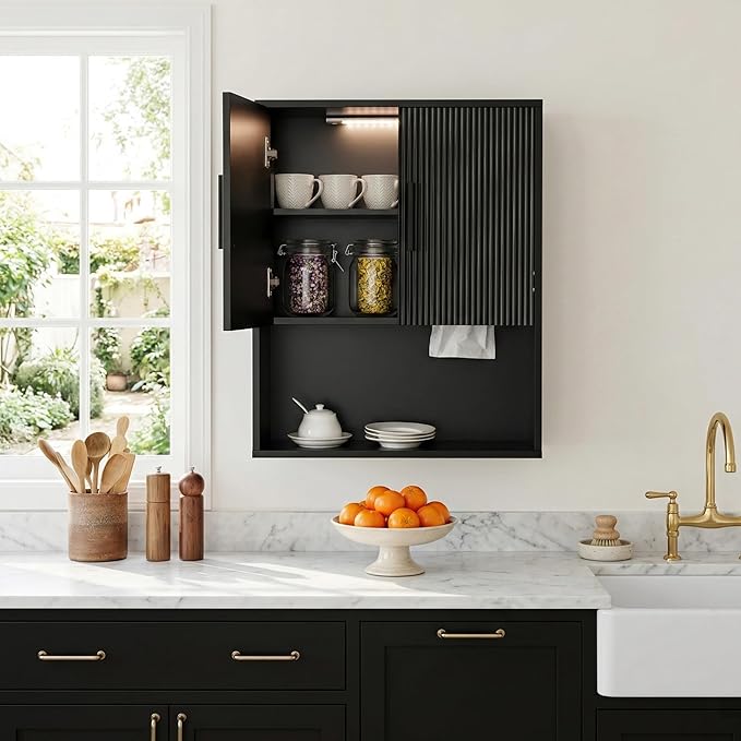 Modern Fluted Bathroom Wall Cabinet with Motion Sensor LED Light, Black Over The Toilet Storage with Tissue Dispenser, Soft-Close Hanging Medicine Cabinet with Adjustable Shelves & Open Rack