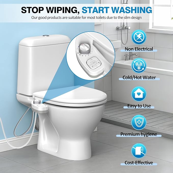 Non-Electric Bidet Attachment, Self-Clean Dual Nozzles, Adjustable Pressure | Ultra Slim Intuitive One-Touch, Retractable Nozzle Structure, Warm Water Rear & Feminine Washing Modes, Stainless Steel Iniet
