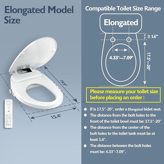 Electric Heated Bidet Toilet Seat with Remote Control, Adjustable Warm Water & Pressure, Air Drying, Self-Cleaning Nozzle, Oscillating Cleaning, Display Screen, Slow Closed Lid - Elongated