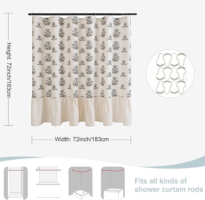 ORTIGIA Linen Textured Ruffle Shower Curtain with Metal Hooks, Vintage Blue Floral Block Print Boho Waterproof Bath Curtain for Rustic Farmhouse Bathroom Decor 72x72 Inch