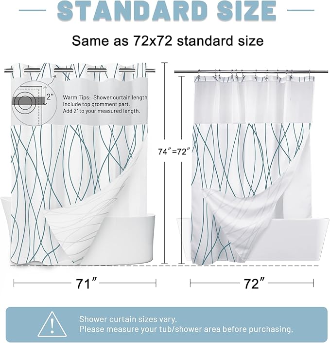 Navy Blue No Hook Shower Curtain with Liner, 71 x 74 Inch | Stripe Pattern,Waterproof,Quick Dry,Mesh Top Window,Bottom Magnets,Hotel Style,Machine Washable,Modern,for Bathroom