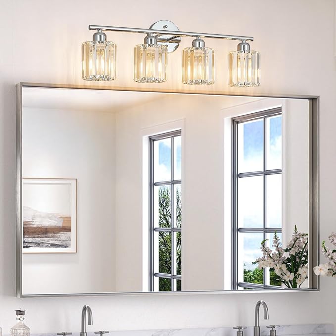 Modern 4 Light Crystal Vanity Light, Chrome Vertical Bathroom Light Fixture Over Mirror for Dressing Table Sink, Compatible with Dimmable Bulbs (Bulbs Not Included)
