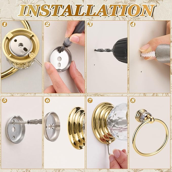 4 Pcs Polished Gold Crystal Bathroom Accessories Set with Adjustable Double Towel Bar & Towel Ring & Toilet Paper Holder & Robe Hook, Wall Mounted Bath Hardware Fixture Set (Style 10)