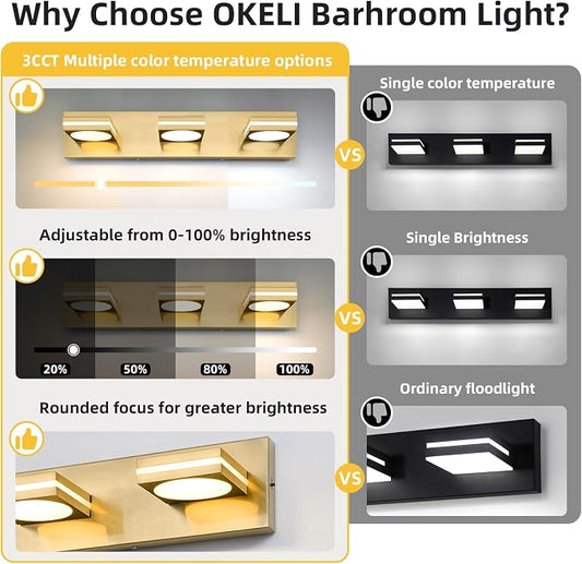 Bathroom Light Fixtures, Gold Vanity Light Modern LED Acrylic Lighting Fixtures, Bathroom Accessories Dimmer Lamps, 3CCT, 22-inch