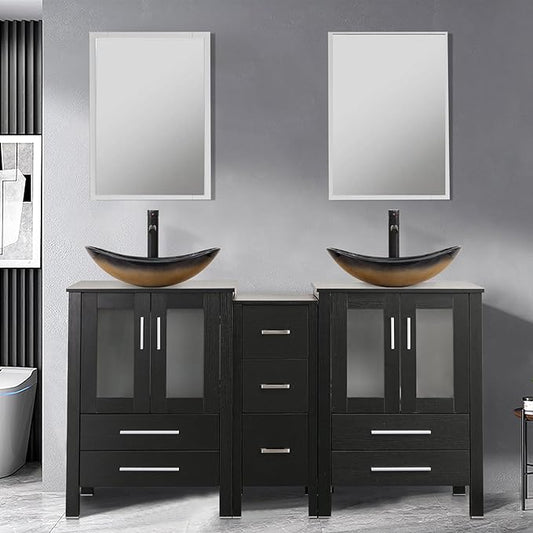 UEV 60" Double Sink Bathroom Vanity,Black Bathroom Vanity with Double Side Vanity Cabinets & Removable 3 Drawer Storage Cabinet with ModernVessel Sink,Mirror Not Included(029CH)