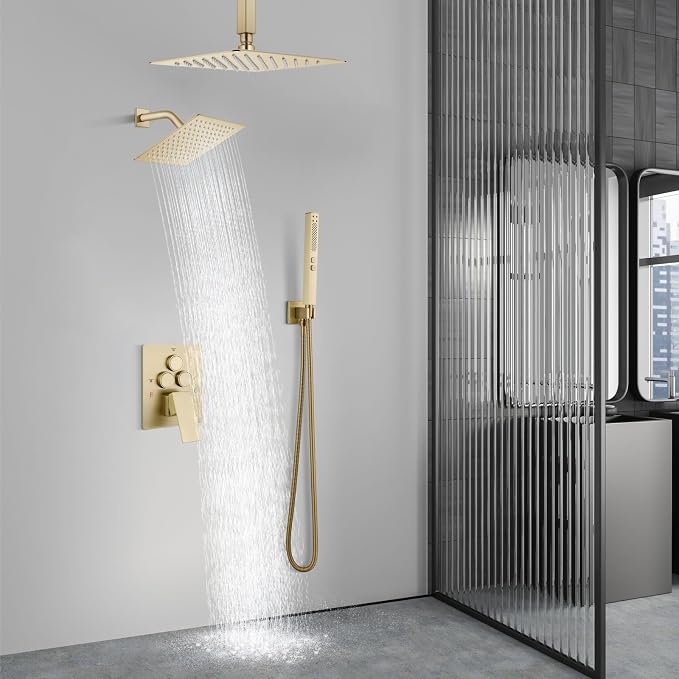 Aolemi Ceiling Shower Faucet Set System Dual Head 10&6 Inch Brushed Gold | 2 in 1 Handheld Spray,Shower Valve and Trim Kit,Push Button Diverter, 10"Top+6" Wall Rain Head,Bathroom Mixer for Couple
