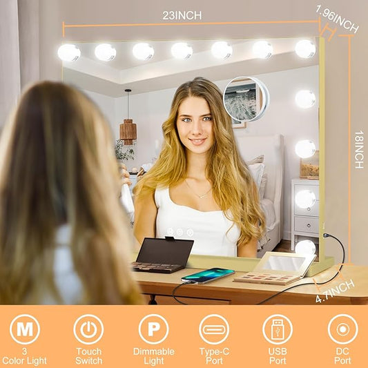 Moonee Gold Vanity Mirror with Lights, Hollywood Lighted Makeup Mirror with 15 Dimmable Bulbs and 10X Magnification, 3 Colors Modes, Aluminum Metal Frame, Light Up Mirror for Tabletop/Wall(23" x 18")