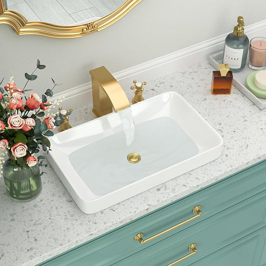 Semi Recessed Bathroom Vessel Sink | Beslend 19x12 Semi Recessed Sinks Rectangular White Ceramic Modern Vessel Sinks Wash Sink Vanity Sink Above Counter Basin
