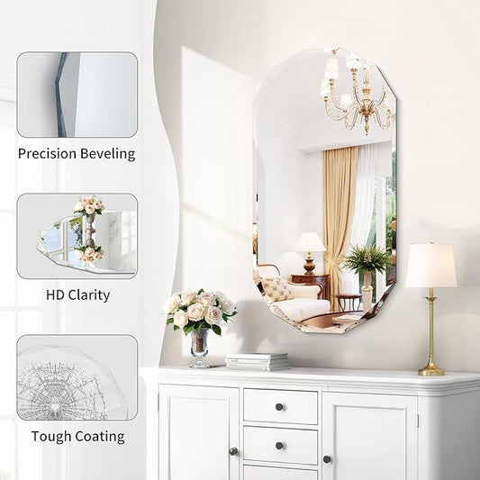 GLASHOM Beveled Edge Frameless Bathroom Mirror, Oval Wall Mirror for Over Sink, 18" x 36" Modern Decorative Vanity Mirror for Bedroom, Living Room, Entryway, Hanging Mirror Horizontal or Vertical