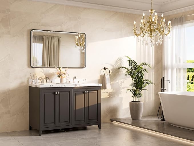 Black Mirrors for Wall 48 x 30 Beveled Edge Tempered Glass, Rounded Corner Rectangle Framed Mirror for Modern Bathroom, Living Room, Bedroom, Entryway