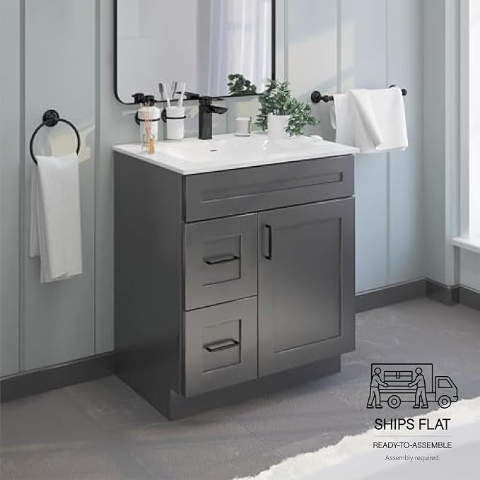30" Grey Shaker Bathroom Vanity Base with Drawers – Ready-to-Assemble Sink Cabinet, 2 Drawers and 1 Door, 30" W x 21" D x 34.5" H, Base Only