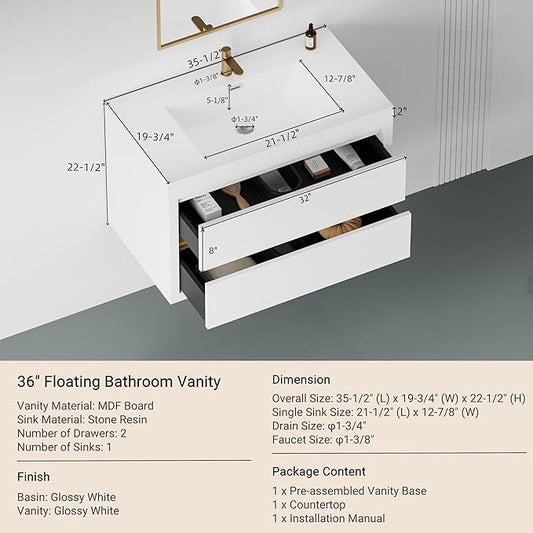 Abruzzo 36" Glossy White Wall-Mounted Bathroom Vanity with Sink – Stone Resin Countertop & Soft-Close Drawers, Waterproof Wood Cabinet for Small Bathrooms