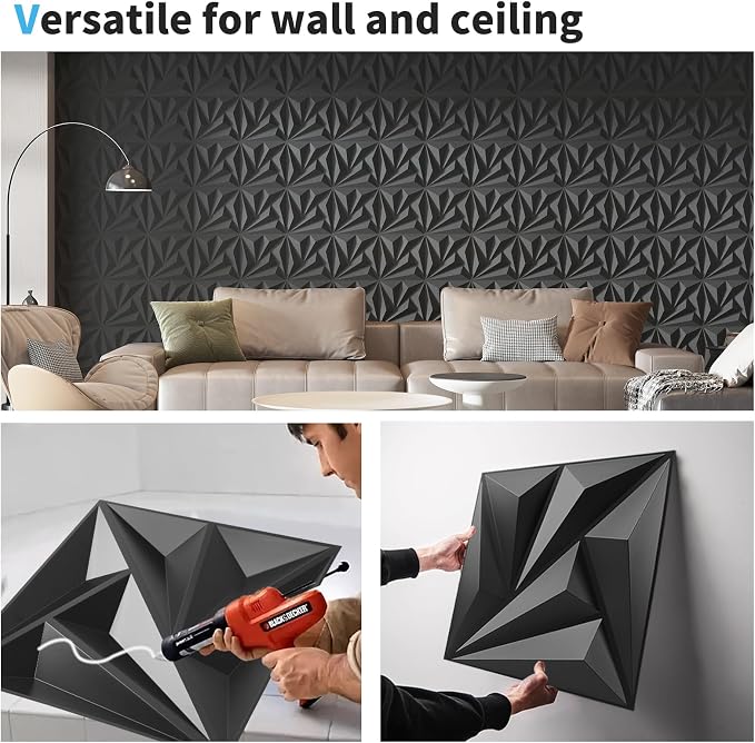 Art3d 100 Pack Decorative 3D Wall Panels 11.8 x 11.8 Inch Covering 97 Sq.ft - Glue Up PVC Wall Panels for Interior Wall Décor, Living Room, Office and Home, Black