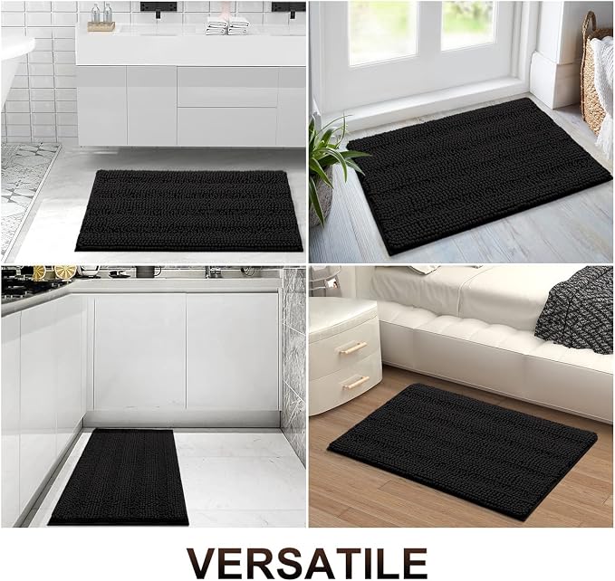 Grandaily Chenille Striped Bathroom Rugs 24x16, Extra Thick and Absorbent Bath Mats, Non-Slip Soft Plush Shaggy Shower Carpet, Machine Wash Dry, Bath Rug for Bathroom, (Small, Black)