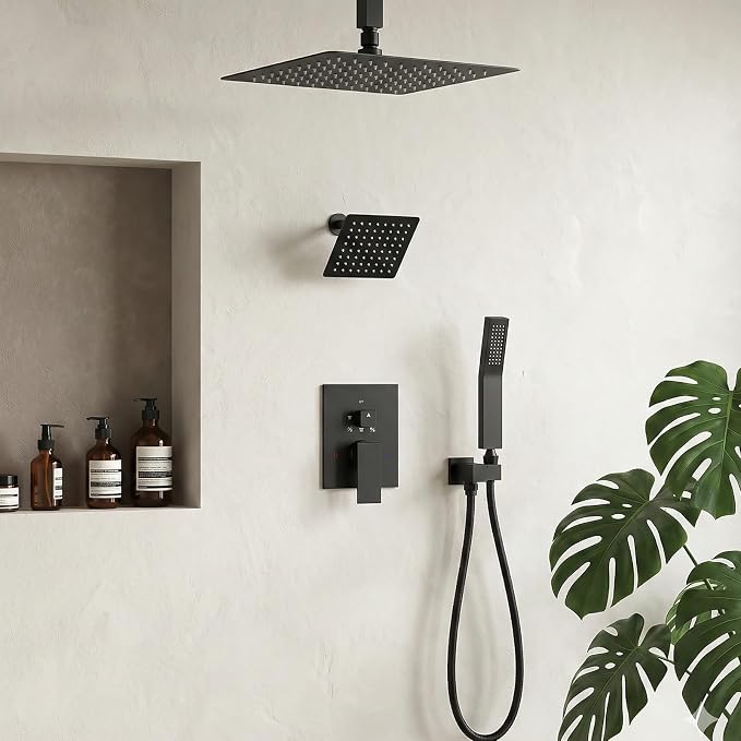 Shower System Shower Faucet Set, STARBATH 12"+6" Ceiling Mount Rain Shower Head and Handheld Spray for Two Person, Rainfall Shower System with Diverter Valve and Trim Kit Complete,Matte Black