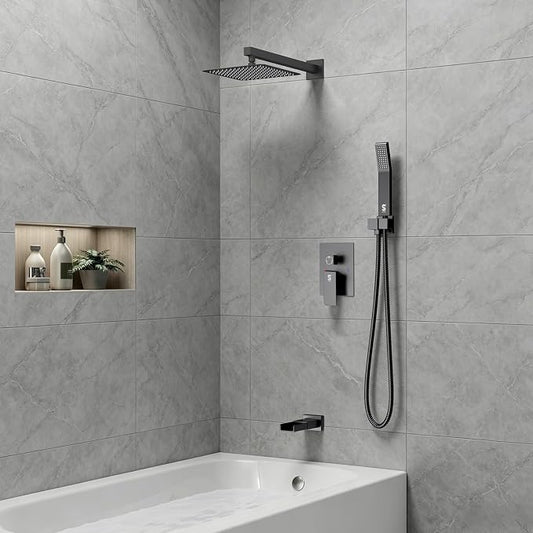 SR SUN RISE 8 Inch All Metal Square Shower System with Tub Spout, Tub Shower Faucet Set, High Pressure Rain Shower Head and Handheld Sprayer Shower Fixtues, Valve Included, Matte Black